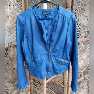 Vintage Lucky Brand Chic Cobalt Blue Lamb Leather Jacket_Large